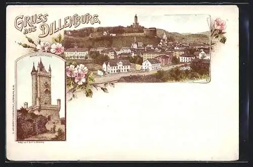 Lithographie Dillenburg, Teilansicht, Wilhelmsturm