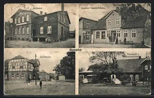 AK Rosche, Kupfers Geschäftshaus, Plumhoff`s Maschinenfabrik, Molkerei, Partie an der Dorfstrasse