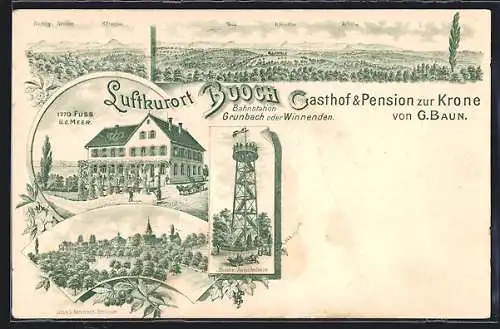 Lithographie Buoch, Gesamtansicht, Aussichtsturm, Gasthaus
