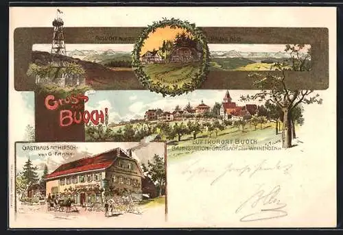 Lithographie Buoch, Gasthaus zum Hirsch, Ortsansicht, Aussichtsturm