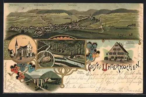 Lithographie Unterkochen, Gasthaus zum Läuterhäusle, Viadukt, Kocher-Ursprung, Gesamtansicht mit Bergpanorama