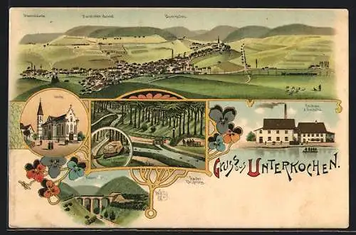 Lithographie Unterkochen, Gasthaus zur Glashütte, Viadukt, Kocher-Ursprung, Gesamtansicht mit Bergpanorama