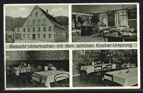 AK Unterkochen, Gasthof-Cafe Adler Herm. Kieninger, mit Innenansichten