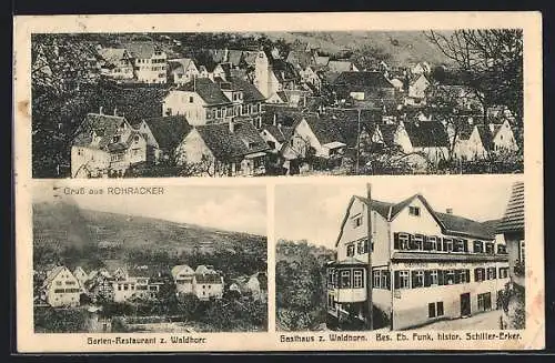 AK Rohracker, Garten-Restaurant und Gasthaus zum Waldhorn Eb. Funk, Teilansicht aus der Vogelschau