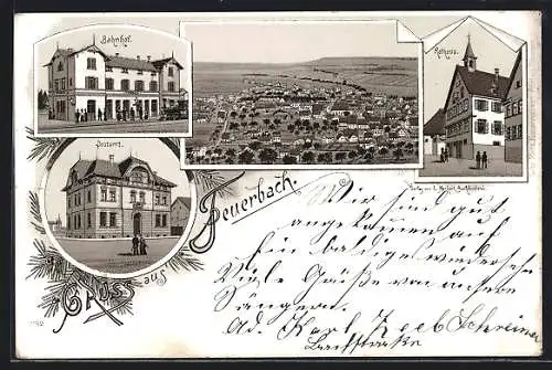 AK Feuerbach / Stuttgart, Bahnhof mit Reisenden, Postamt, Rathaus