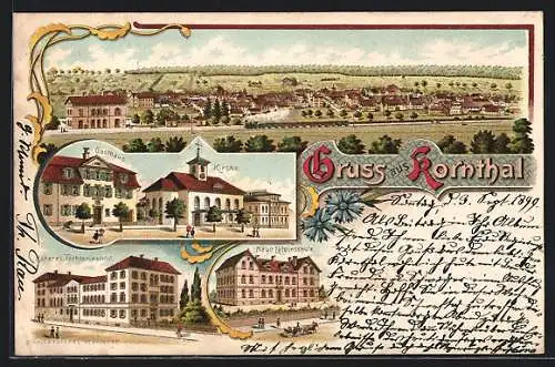 Lithographie Korntal, Gasthaus mit Kirche, Neue Lateinschule, Höheres Töchterinstitut, Eisenbahn in Fahrt zum Bahnhof