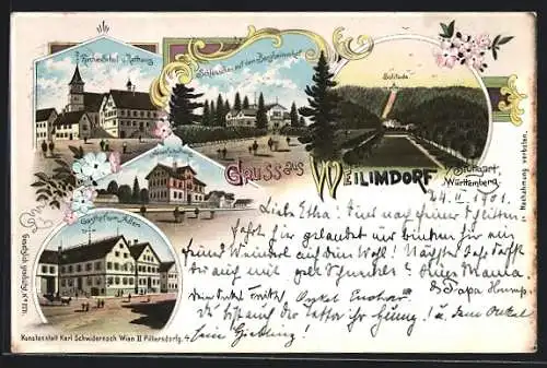 Lithographie Weilimdorf, Schlösschen auf dem Bergheimerhof, Gasthof zum Adler