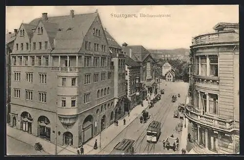 AK Stuttgart, Büchsenstrasse mit Strassenbahnen aus der Vogelschau