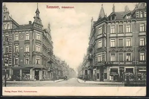 AK Hannover, Sedanstrasse, Kreuzung mit Färberei W. Spindler