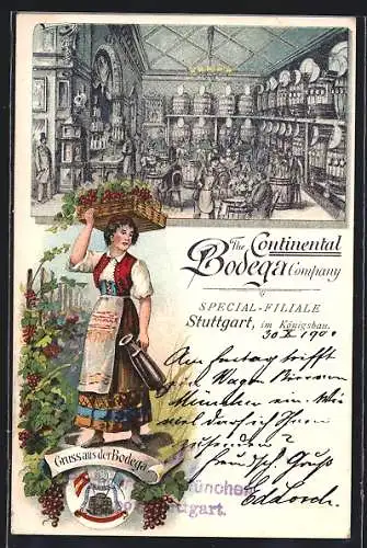 Lithographie Heidelberg / Neckar, Gasthaus The Continental Bodega Company, Frau in Tracht