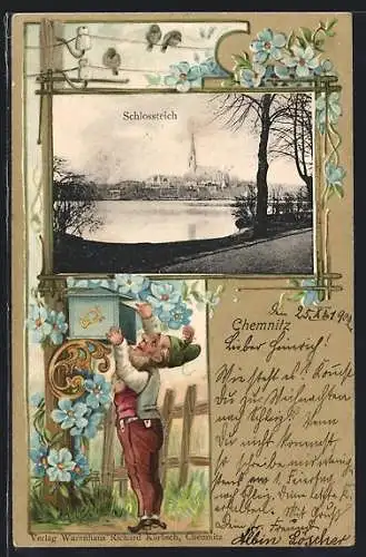 Passepartout-Lithographie Chemnitz, Schlossteich, Zwerg wirft einen Brief ein