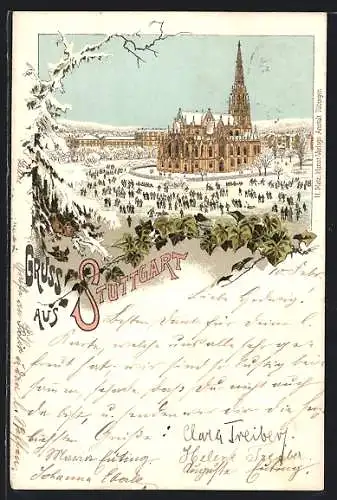 Winter-Lithographie Stuttgart, Schlittschuhläufer bei der Kirche