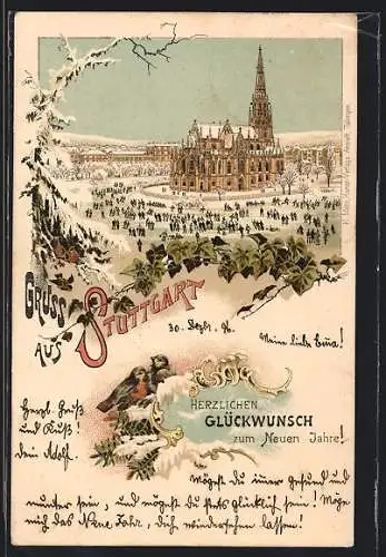 Lithographie Stuttgart, Kirche im Winter, Neujahrsgruss