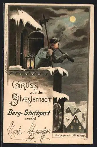 Lithographie Luxemburg, Silvestergruss, Halt gegen das Licht Nachtwächter bläst sein Prosit Neujahr