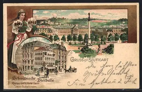 Lithographie Stuttgart, Restaurant & Hotel Schwäbische Bierhalle, Denkmal