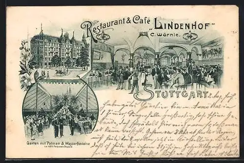 Lithographie Stuttgart, Restaurant & Cafe Lindenhof, Innenansicht, Garten mit Palmen & Wasserfontaine
