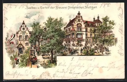 Lithographie Stuttgart, Saalbau & Garten der Brauerei Dinkelacker
