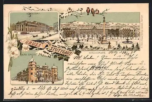 Vorläufer-Winter-Lithographie Stuttgart, 1895, Königsbau mit Pferdebahn, Altes Schloss, Schlossplatz und Denkmal
