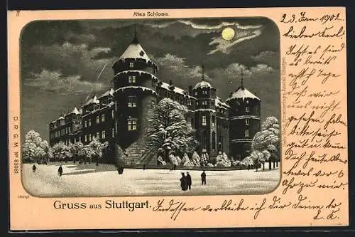 Winter-Lithographie Stuttgart, Altes Schloss bei Mondschein