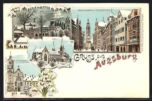 Winter-Lithographie Augsburg, Rotes Tor und St. Ulrichskirche bei Mondschein, Dom, Maximilianstrasse und Perlachturm