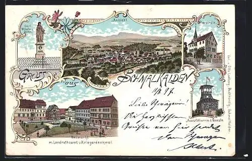Lithographie Schmalkalden, Neumarkt mit Landratsamt und Kriegerdenkmal, Realschule, Aussichtsturm an der Queste