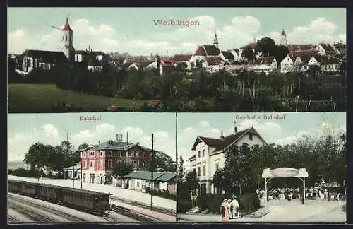 AK Waiblingen, Panorama mit Kirche, Bahnhof und Gasthof zum Bahnhof