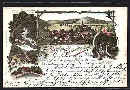 Lithographie Unterkochen, Gasthaus zum Läuterhäusle, Glashütte, Kocher-Ursprung mit Elisabethen-Steg