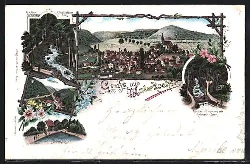 Lithographie Unterkochen, Kocher-Ursprung mit Elisabethen-Steg, Kollmann-Stein, Glashütte
