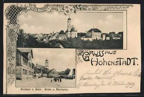 AK Hohenstadt / Abtsgmünd, Gasthaus zum Adler, Teilansicht mit Kirche
