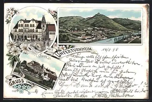 Lithographie Untertürkheim, Gasthaus zum Löwen, Ortsansicht