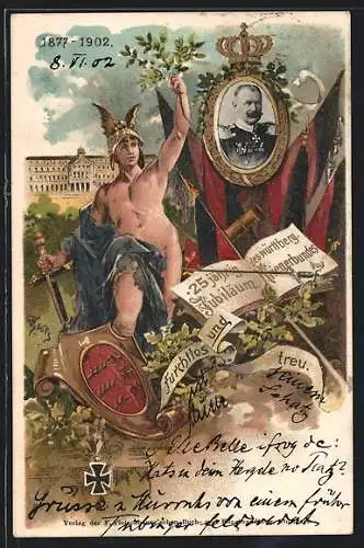 Lithographie Ganzsache PP27C16 /01: Wilhelm II. von Württemberg, 25 jähr. Jubiläum des württ. Kriegerbundes, Germane