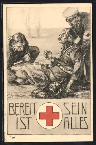 Künstler-AK Ganzsache PP27C246: Rotes Kreuz-Sammlung 1914, Sanitäter versorgen verwundeten Soldaten