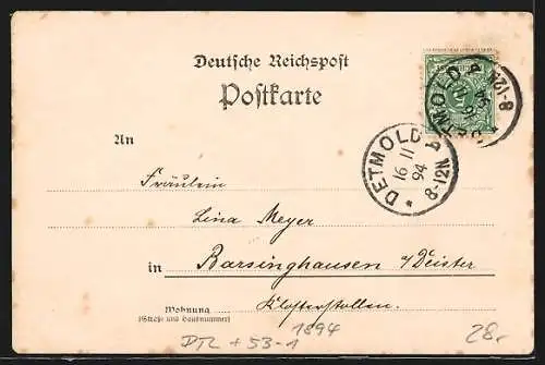 Vorläufer-AK Detmold, 1894, Fürstl. Schloss und Palais, Hermanns-Denkmal, Externsteine