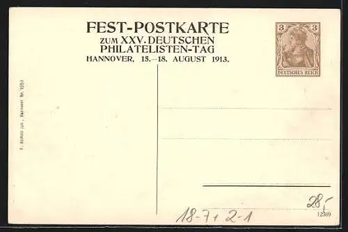 AK Hannover, XXV. Deutscher Philatelisten-Tag 1913, Partie an der Leine mit Beguinenturm, Ganzsache 3 Pfennig