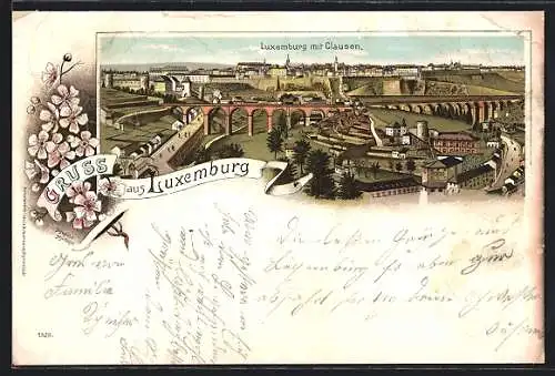 Lithographie Luxemburg, Ortsansicht mit Clausen