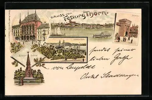 Lithographie Thorn, Brückentor, Kriegerdenkmal, Eisenbahn-Brücke