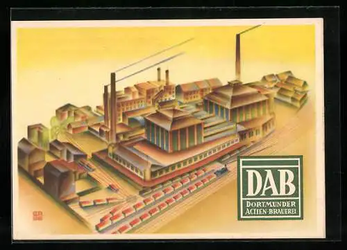 AK Brauerei-Werbung d. Dortmunder Actien-Brauerei DAB, Brauerei-Gebäude