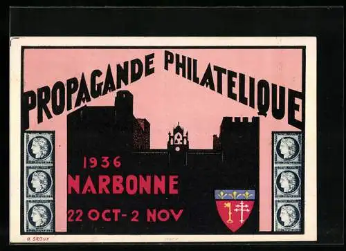 Künstler-AK Narbonne, Propagande Philatelique 22.10.-2.11. 1936, Ausstellung, Briefmarken, Wappen