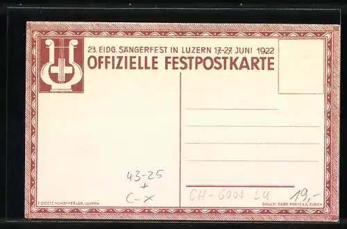 AK Luzern, 23. Eidgen. Sängerfest 1922, Gesellschaft Fidelitas, Festwagen Apollo