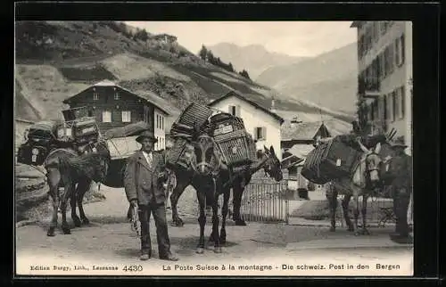 AK Schweizer Post in den Bergen, Postler mit vollbeladenen Maultieren