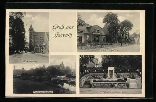 AK Jasenitz, Mühlenwerke, Platz, Kriegerdenkmal