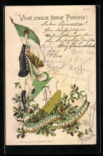 Künstler-AK Studentenwappen, Student mit Fahne