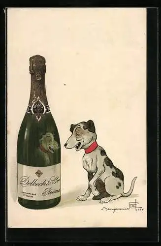 Künstler-AK sign. Benjamin Rabier: Champagner Delbeck & Cie, Hund