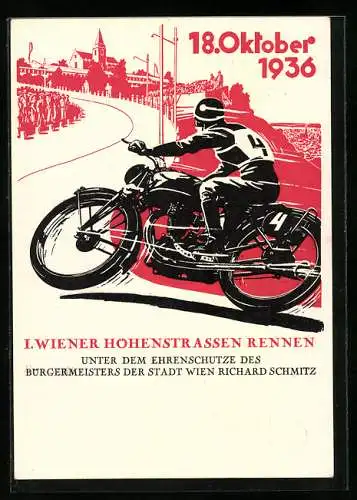AK Wien, I. Wiener Höhenstrassen-Rennen 1936, Motorrad-Rennfahrer mit der Startnummer 4