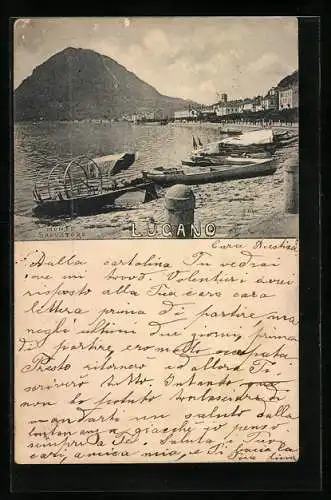 Vorläufer-AK Lugano, 1895, Boote am Seeufer, im Hintergrund der Monte Salvatore