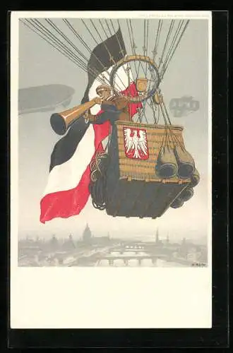 Künstler-AK Frankfurt am Main, Internationale Luftschiffahrt Ausstellung 1909, Ballon mit Deutscher Fahne, Ganzsache