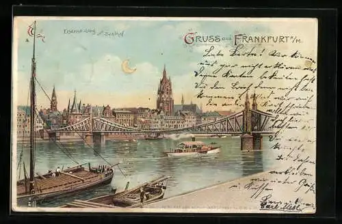 Lithographie Alt-Frankfurt, Eiserner Steg und Saalhof, Halt gegen das Licht: beleuchtete Fenster