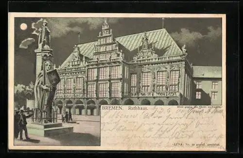 Lithographie Bremen, Rathaus, Halt gegen das Licht: beleuchtete Fenster