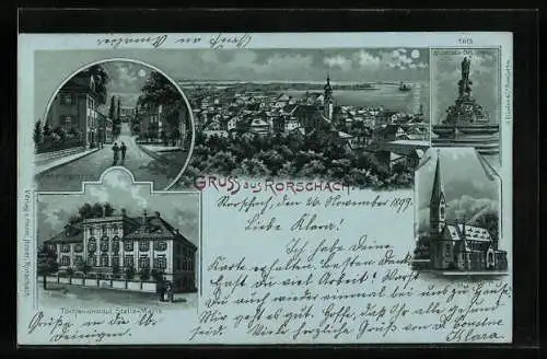 Mondschein-Lithographie Rorschach, Töchter-Institut Stella Maris, St. Jacobs-Brunnen und Mariabergstrasse