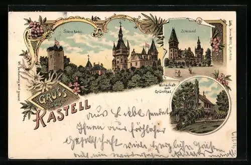 Lithographie Tägerwilen, Schloss Kastell, Gasthaus zum Grünthal, Schlosshof